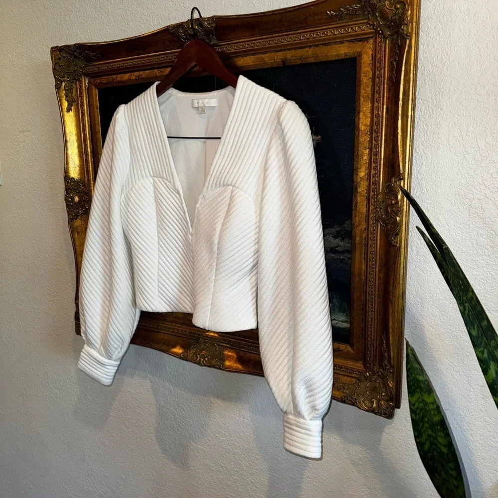Eri + Ali Anthropologie White Bustier Low Cut Cropped Blouse Puff Sleeves M